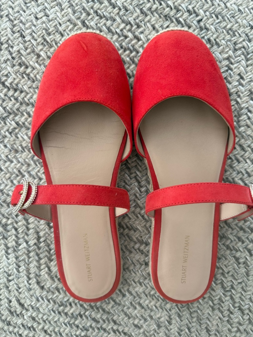 Stuart Weitzman Red Suede Crystal Buckle Espadrille Mule Size 9 - Picture 3 of 8